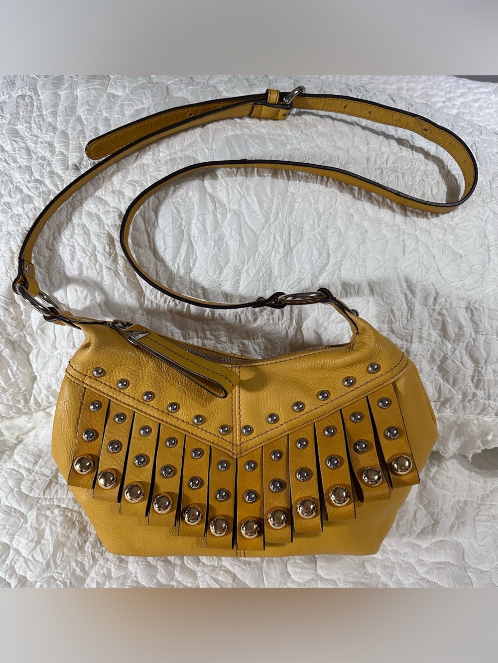 B. Makowsky Yellow
Pebbled Leather Studded Fringe Crossbody Boho Bag